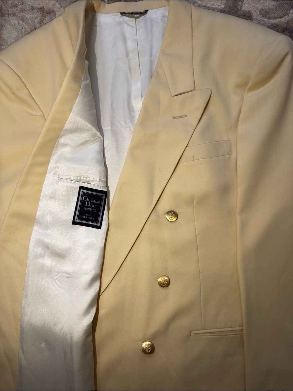 VTG Christian Dior Monsieur Double Breasted Blazer 46L Cream Gold Button USA